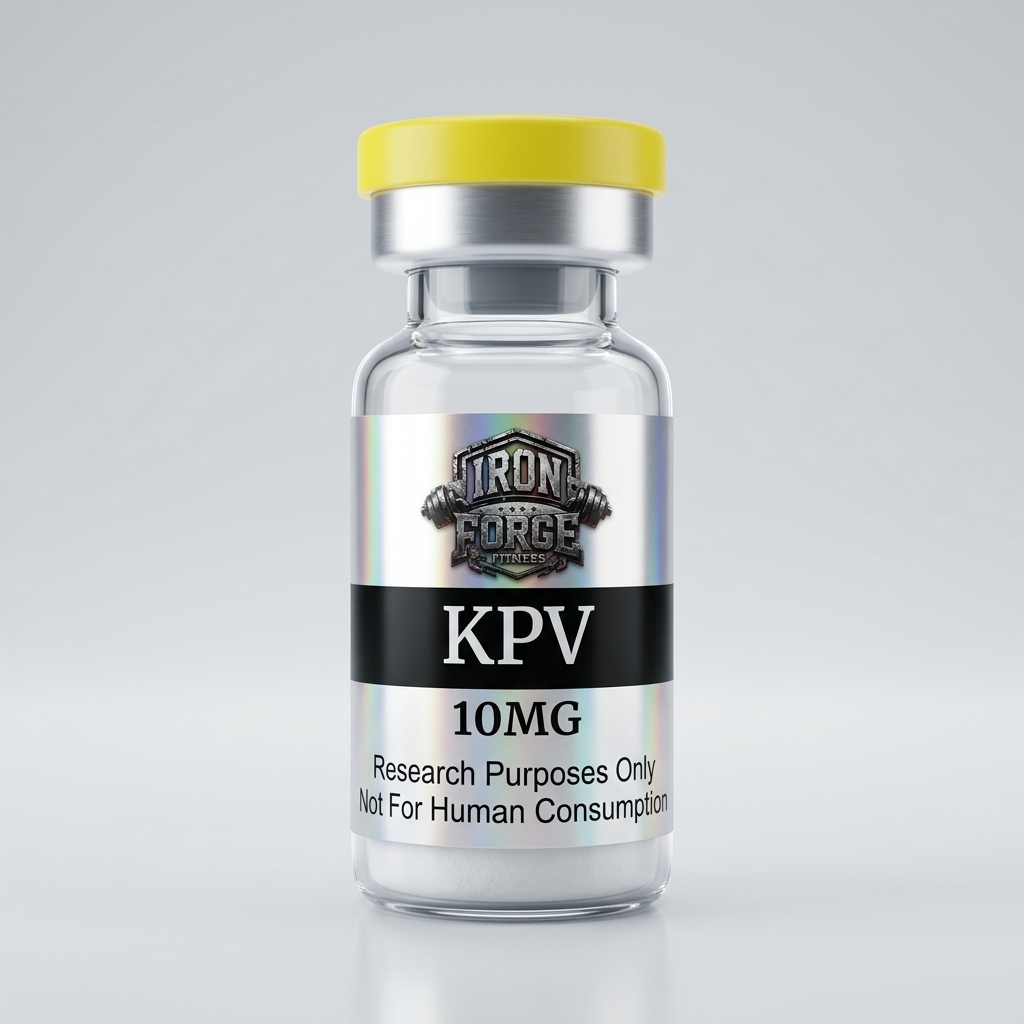 Iron Forge Peptides GLP3-RT research peptide vial beside its scannable Certificate of Analysis and HPLC purity report on a clean laboratory bench